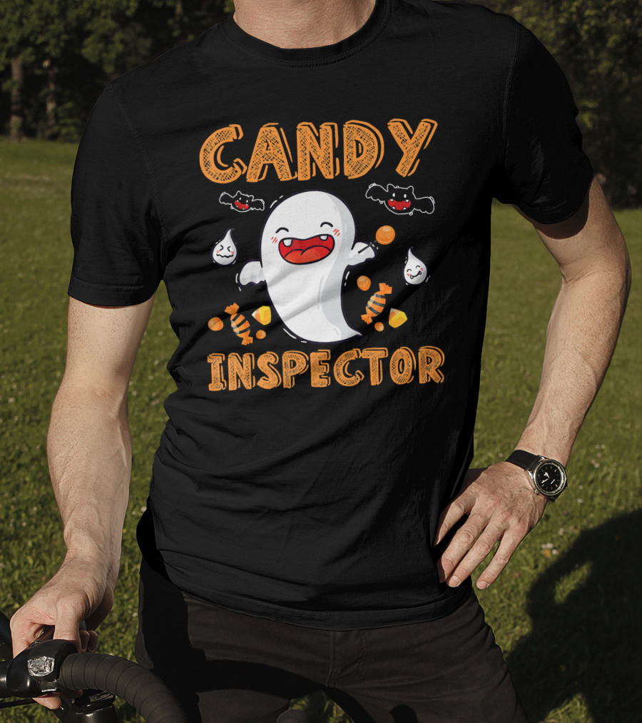 Candy Inspector Ghost Halloween Co Spooky Fun With Bats And Sweets T-Shirt