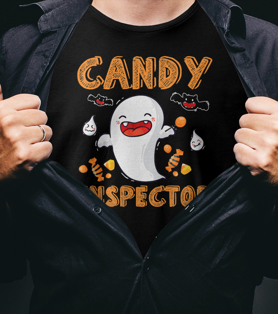 Candy Inspector Ghost Halloween Co Spooky Fun With Bats And Sweets T-Shirt