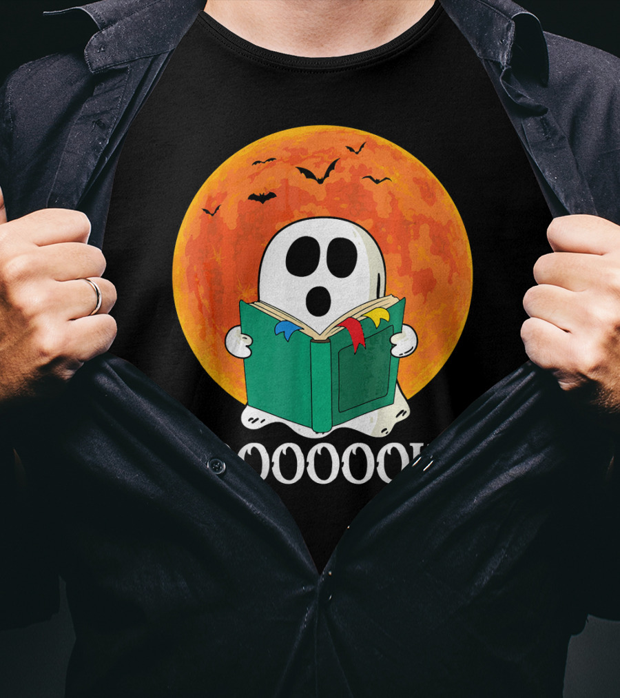 Funny Halloween Booooks Cute Ghost Reading With Full Moon And Bats T-Shirt