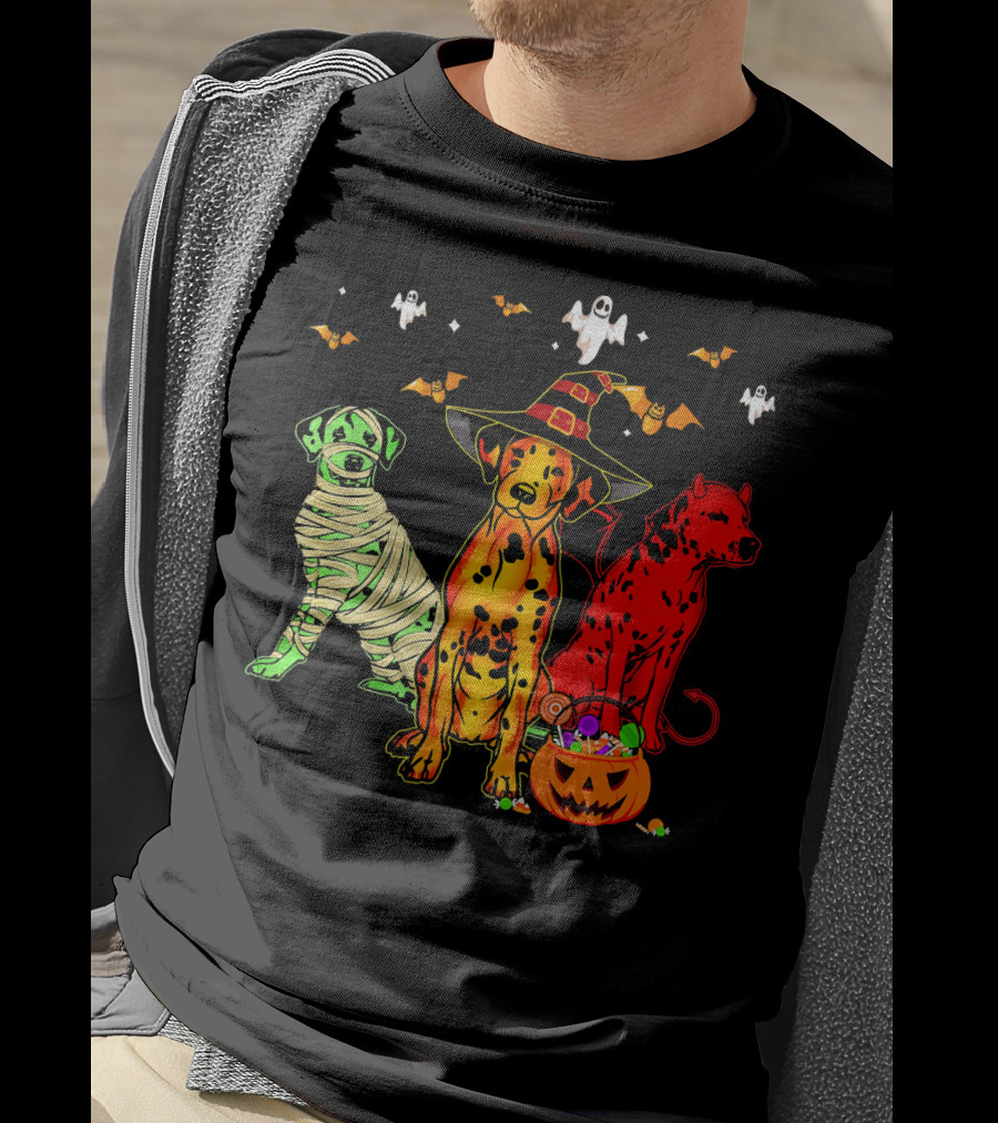 Funny Dalmatian Halloween Witch Mummy Devil Costume Party With Ghosts And Bats T-Shirt