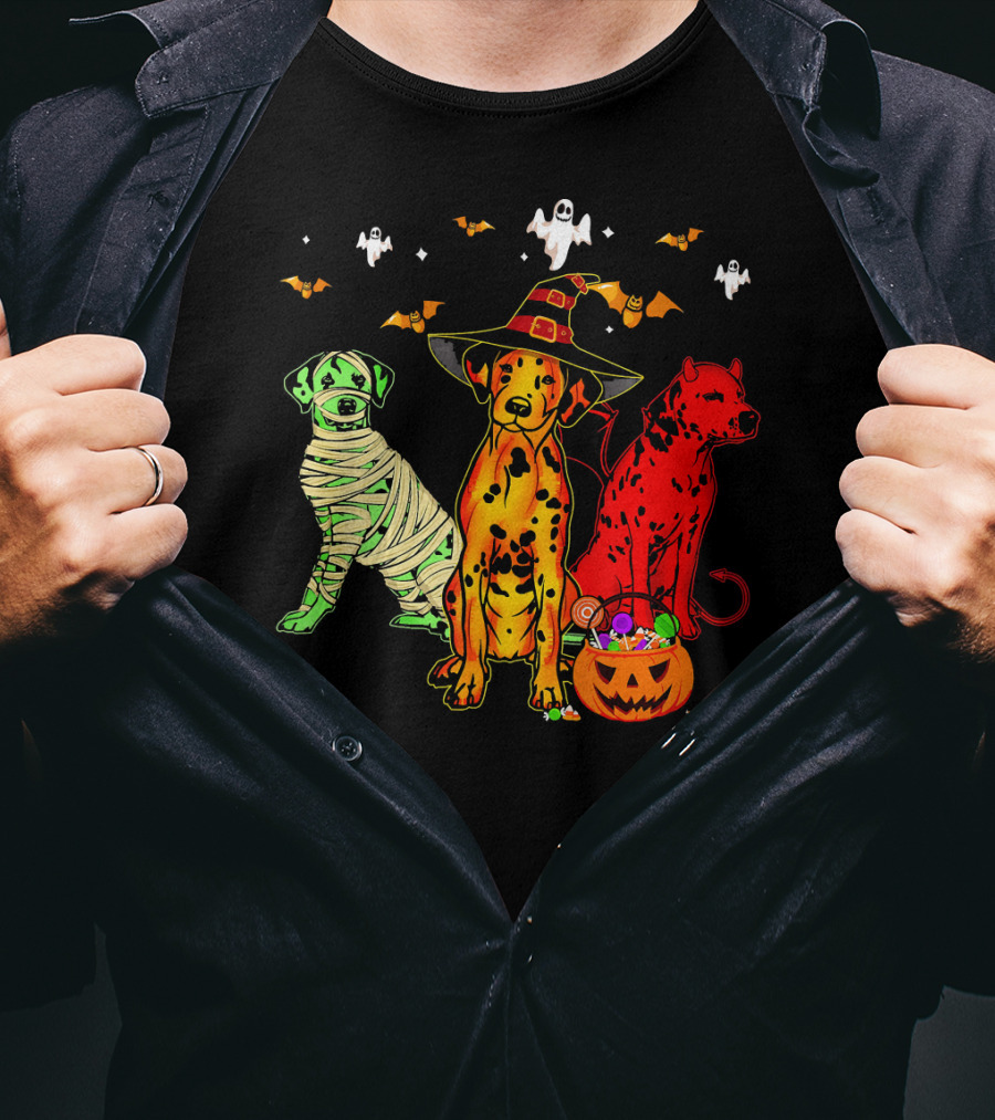 Funny Dalmatian Halloween Witch Mummy Devil Costume Party With Ghosts And Bats T-Shirt