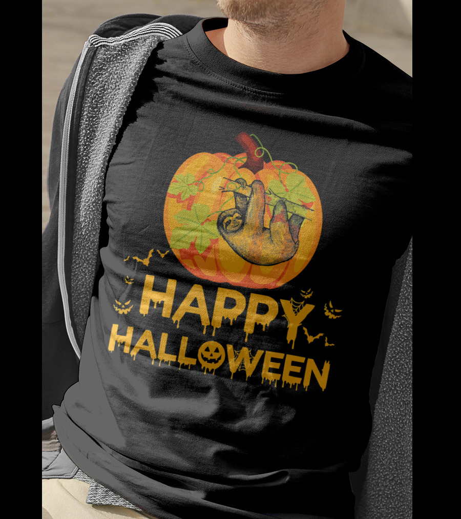 Happy Halloween Pumpkin Sloth Hanging With Bats T-Shirt