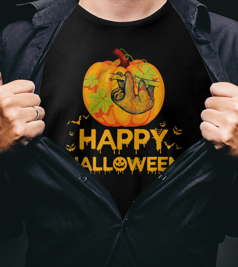 Happy Halloween Pumpkin Sloth Hanging With Bats T-Shirt