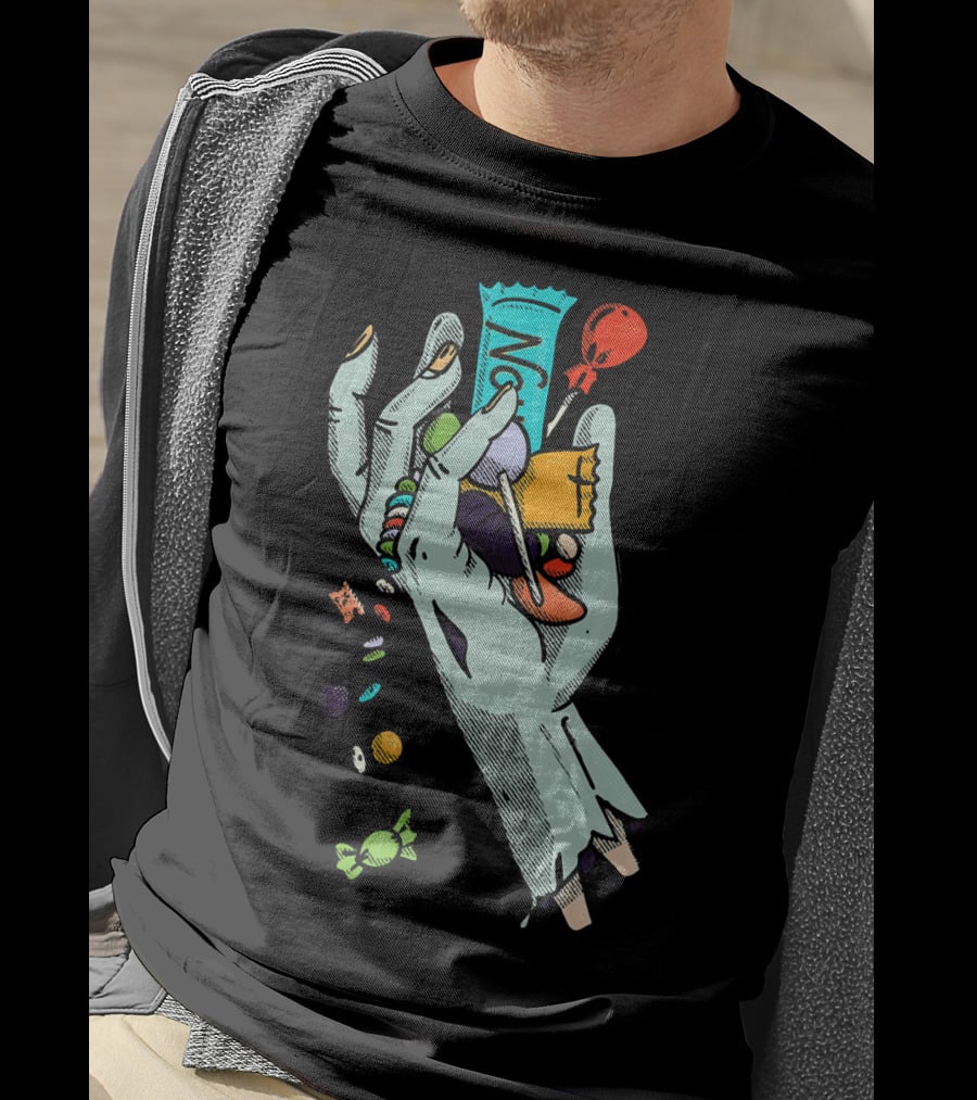 Holidaze Trick Or Treat Zombie Hand No Treats Candies Balloon T-Shirt
