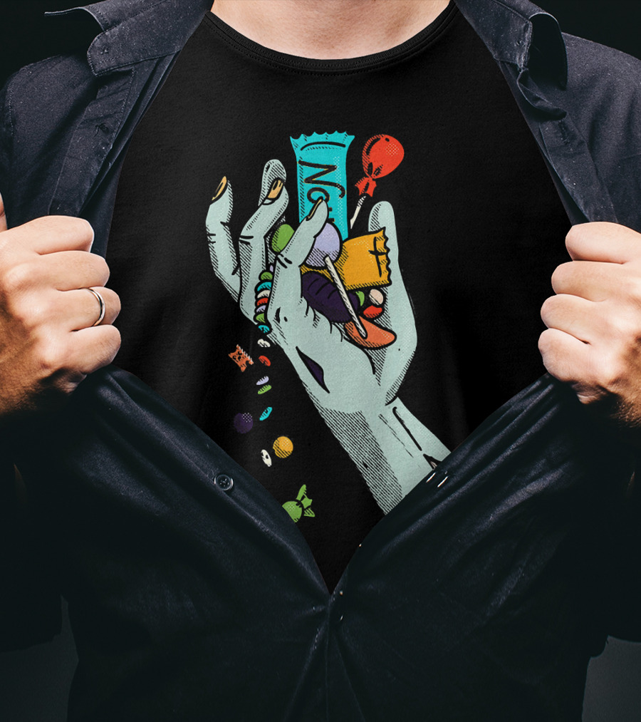 Holidaze Trick Or Treat Zombie Hand No Treats Candies Balloon T-Shirt