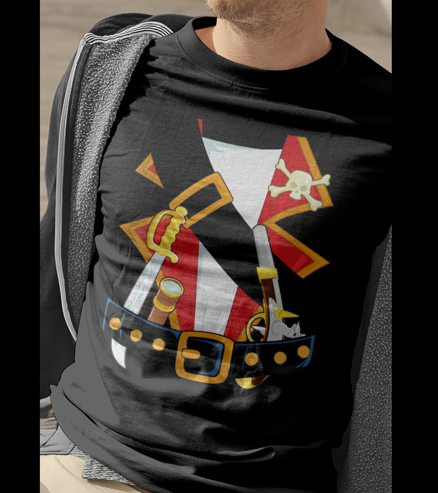 Pirate Costume Skull Crossbones Sword Pistol Belt T-Shirt