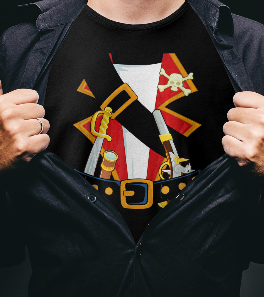 Pirate Costume Skull Crossbones Sword Pistol Belt T-Shirt