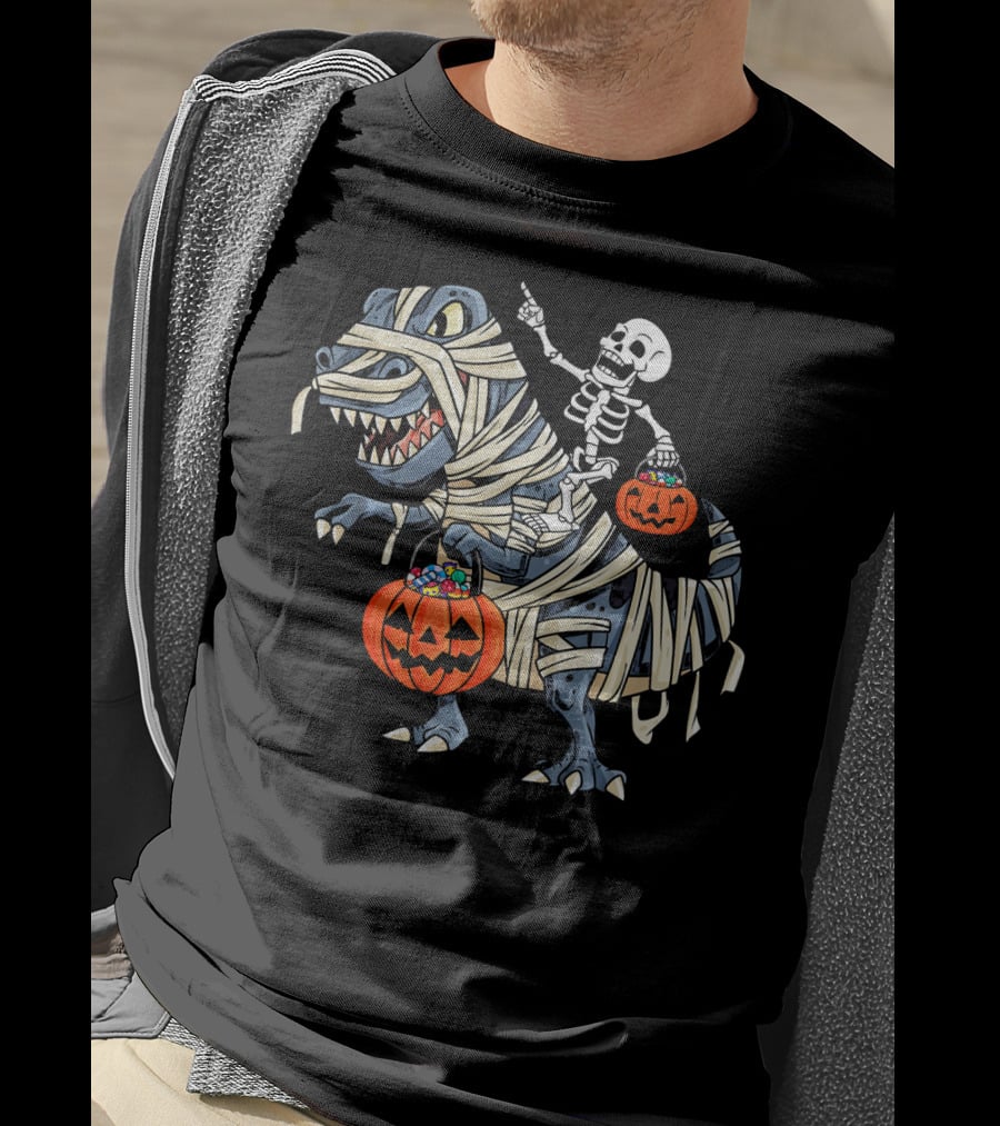 Skeleton Riding Mummy T-Rex With Pumpkin Candy Buckets Halloween Bo T-Shirt