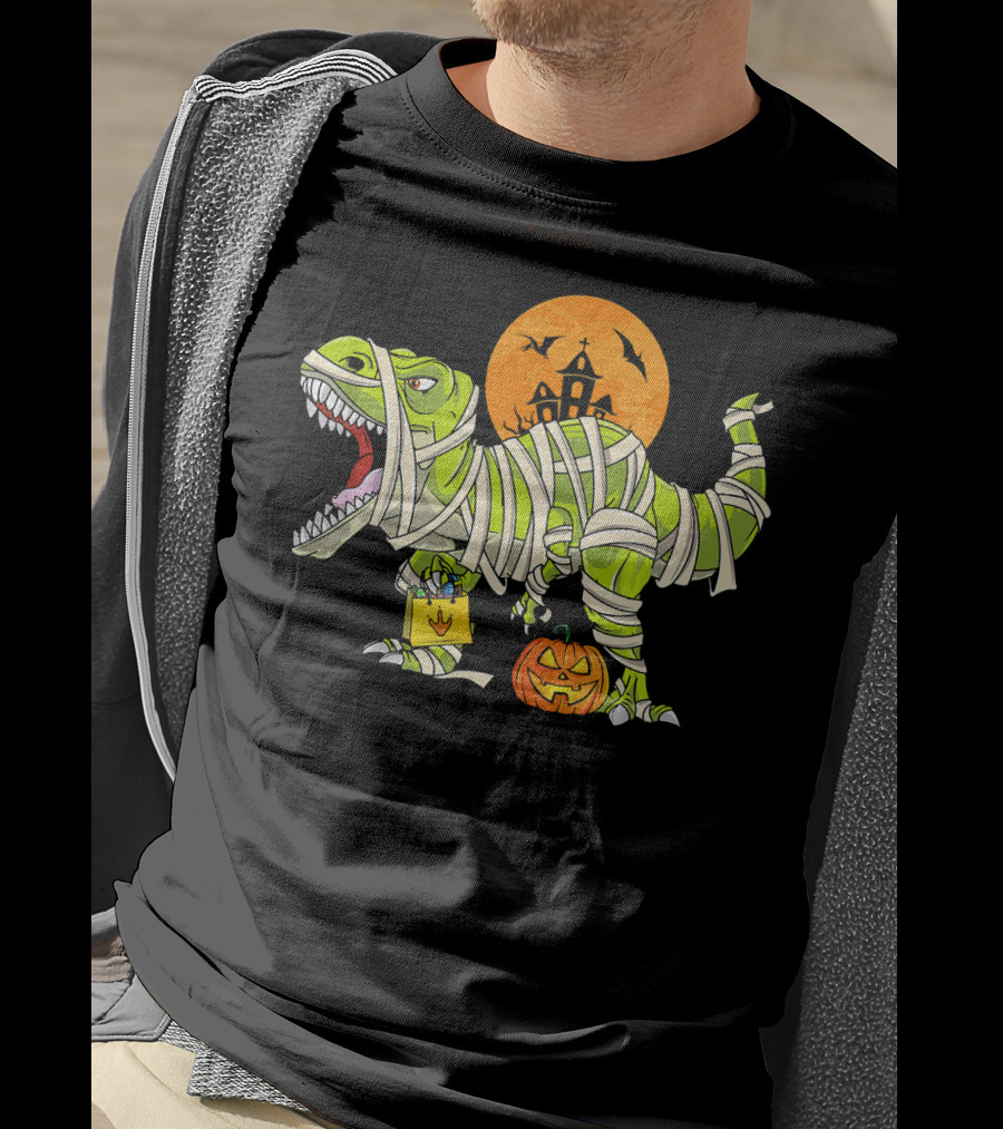 Funny Halloween Rex Dinosaur Mummy With Pumpkin And Haunted House T-Shirt