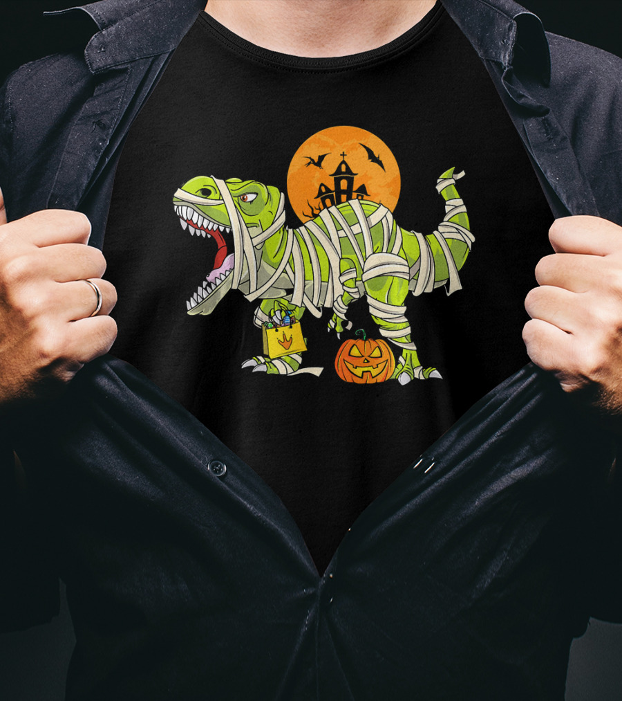 Funny Halloween Rex Dinosaur Mummy With Pumpkin And Haunted House T-Shirt