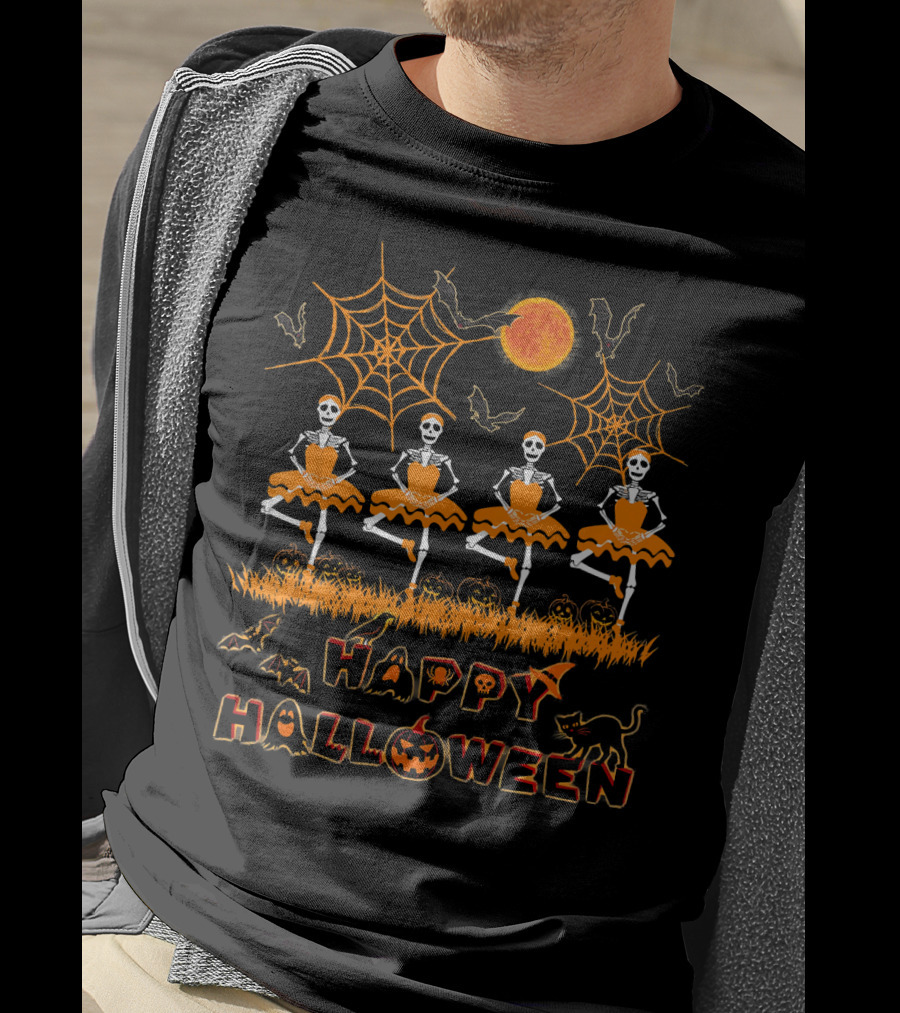 Happy Halloween Dancing Ballet Skeletons With Spiders And Bats T-Shirt