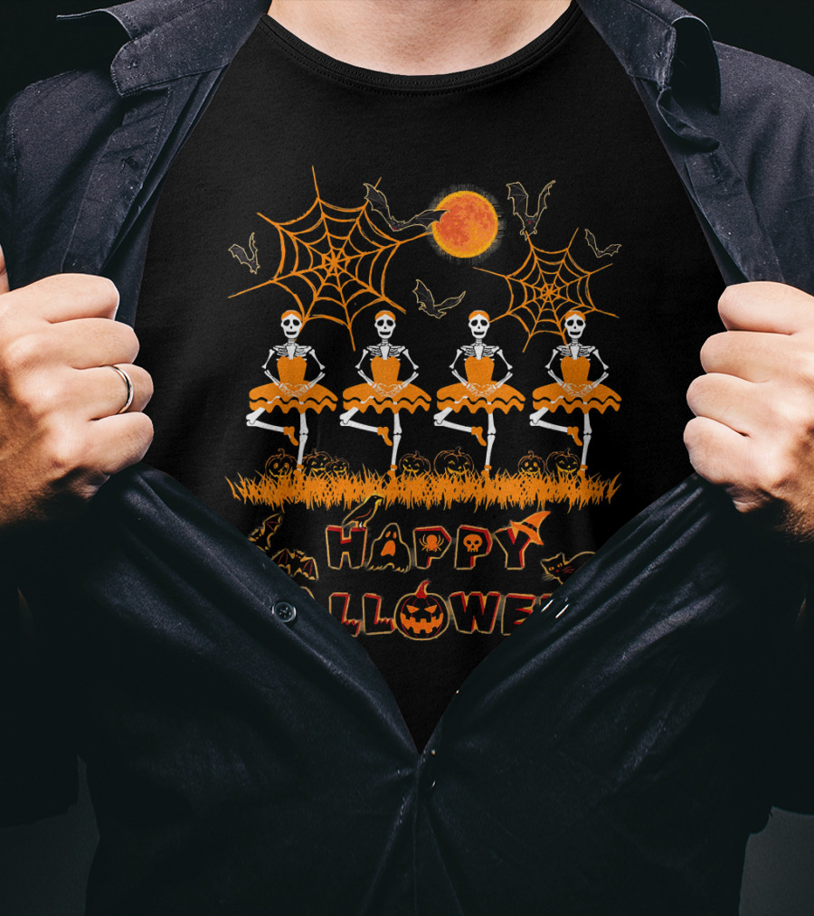 Happy Halloween Dancing Ballet Skeletons With Spiders And Bats T-Shirt