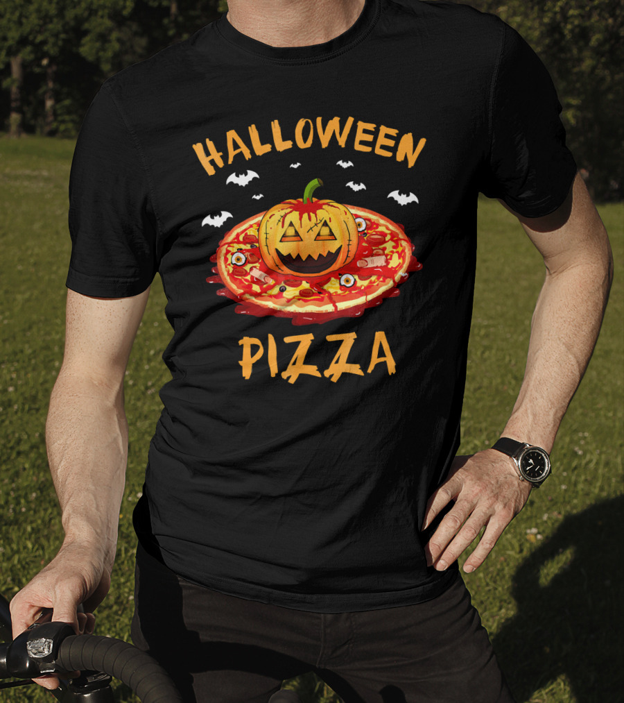Halloween Pizza Pumpkin With Bats And Spooky Toppings T-Shirt