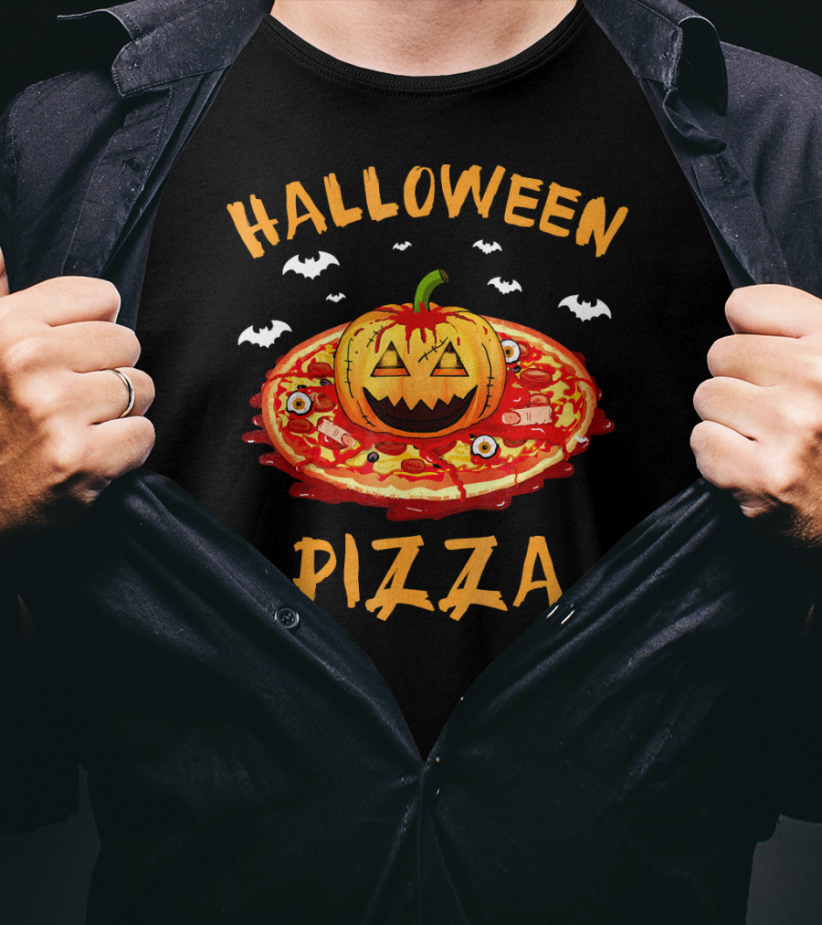 Halloween Pizza Pumpkin With Bats And Spooky Toppings T-Shirt