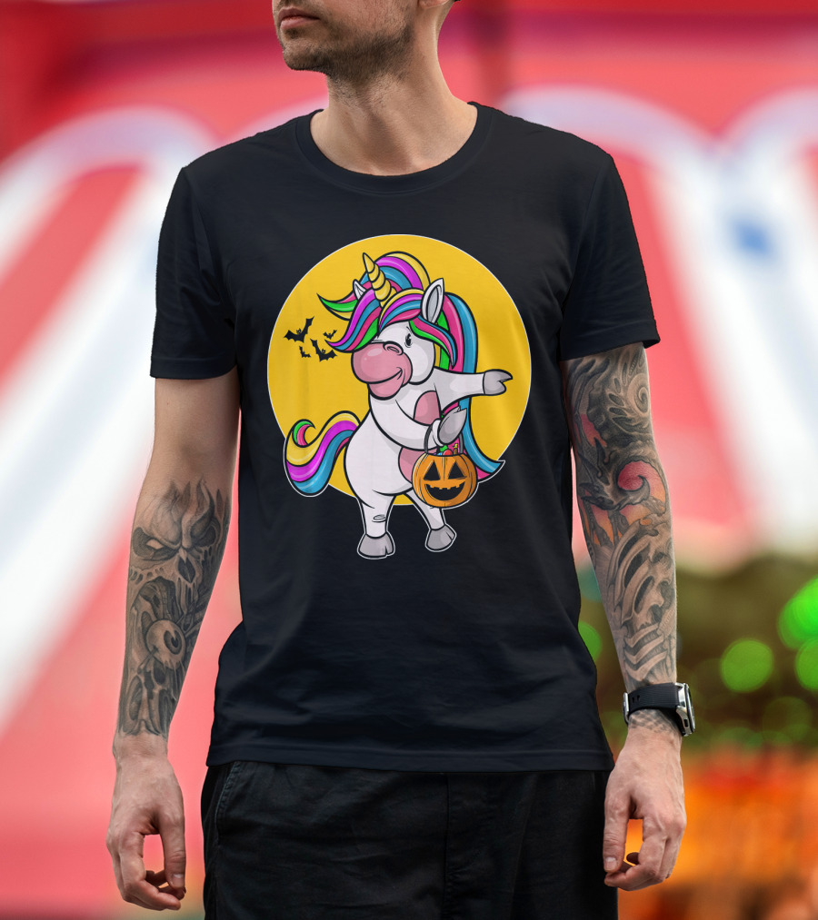 Flossing Unicorn Halloween Pumpkin and Bats T-Shirt