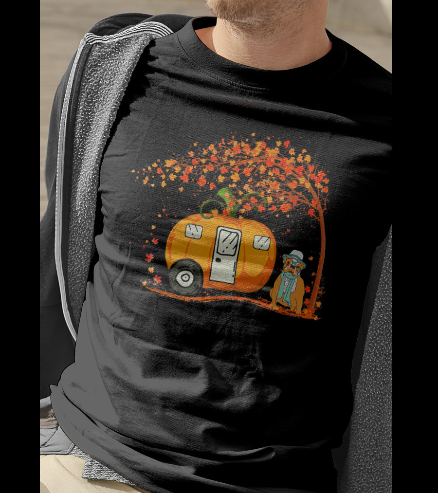 Bulldog With Pumpkin Camping Van Under Autumn Tree T-Shirt