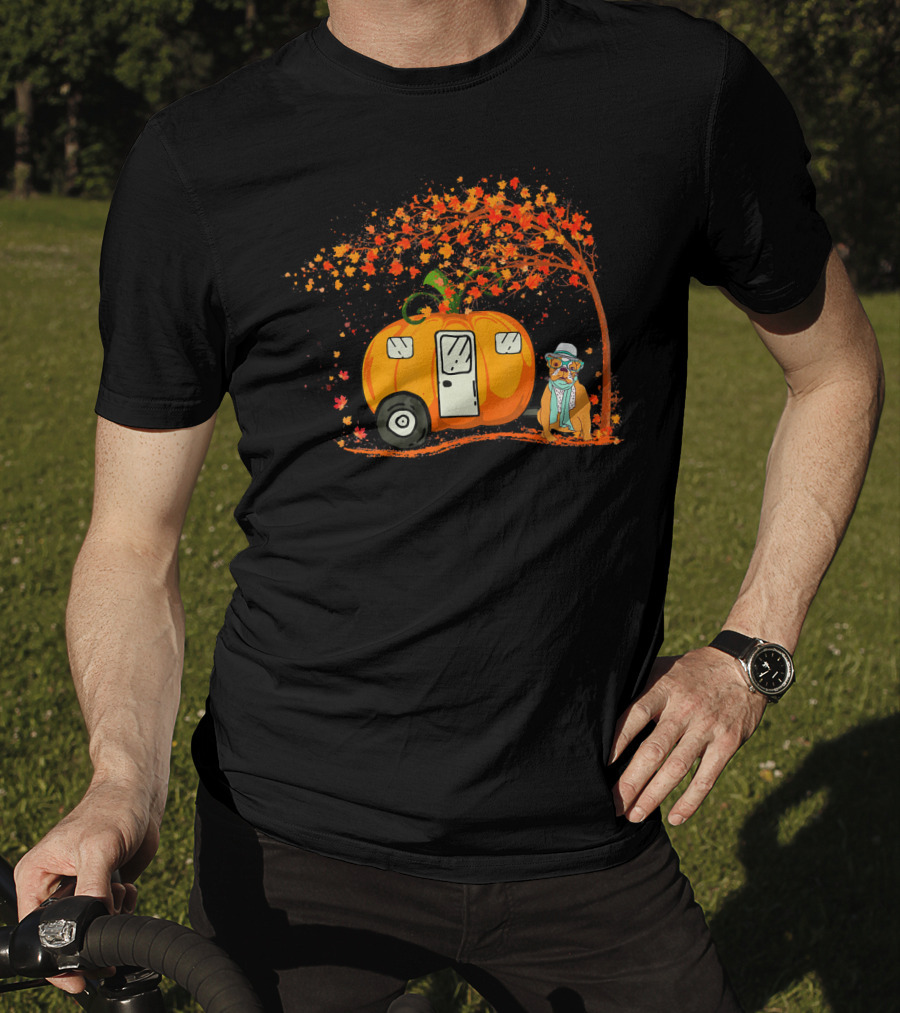 Bulldog With Pumpkin Camping Van Under Autumn Tree T-Shirt