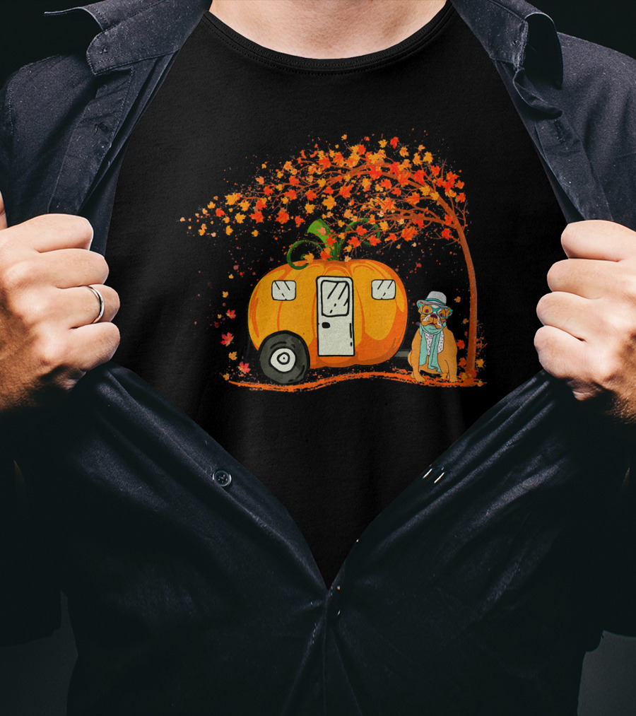 Bulldog With Pumpkin Camping Van Under Autumn Tree T-Shirt