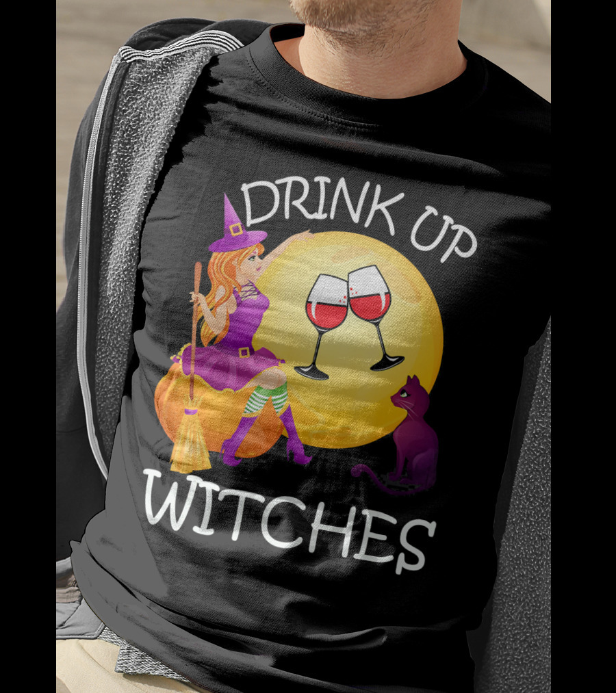 Drink Up Witches Halloween Wine Moon Cat Broomsticks T-Shirt