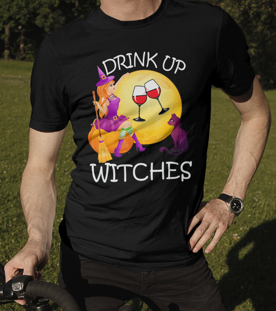 Drink Up Witches Halloween Wine Moon Cat Broomsticks T-Shirt