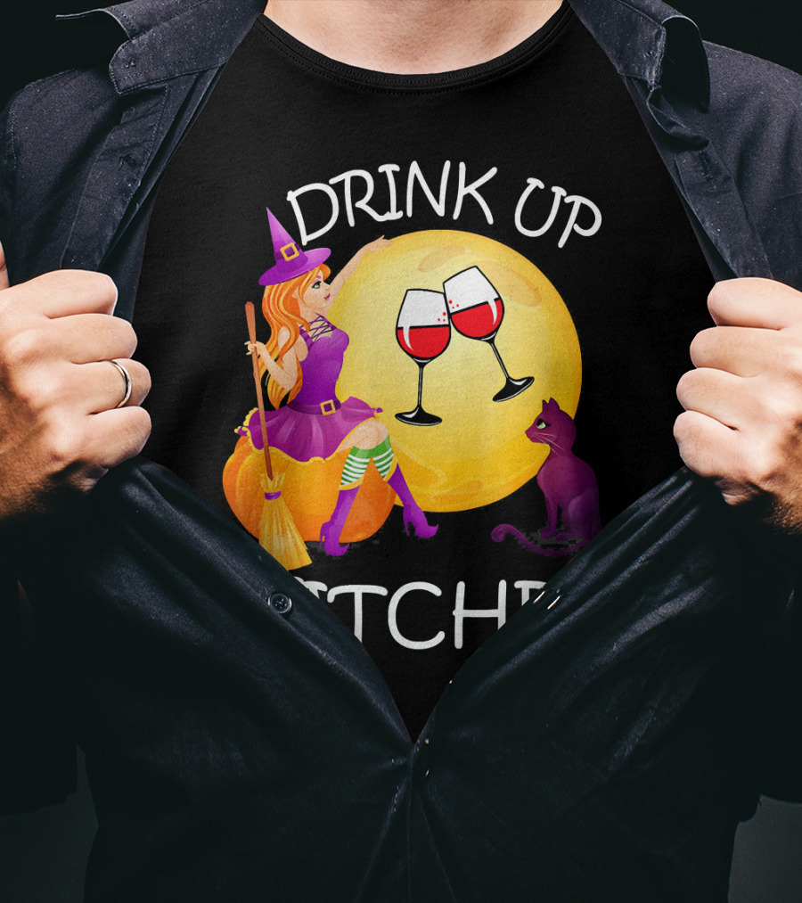 Drink Up Witches Halloween Wine Moon Cat Broomsticks T-Shirt