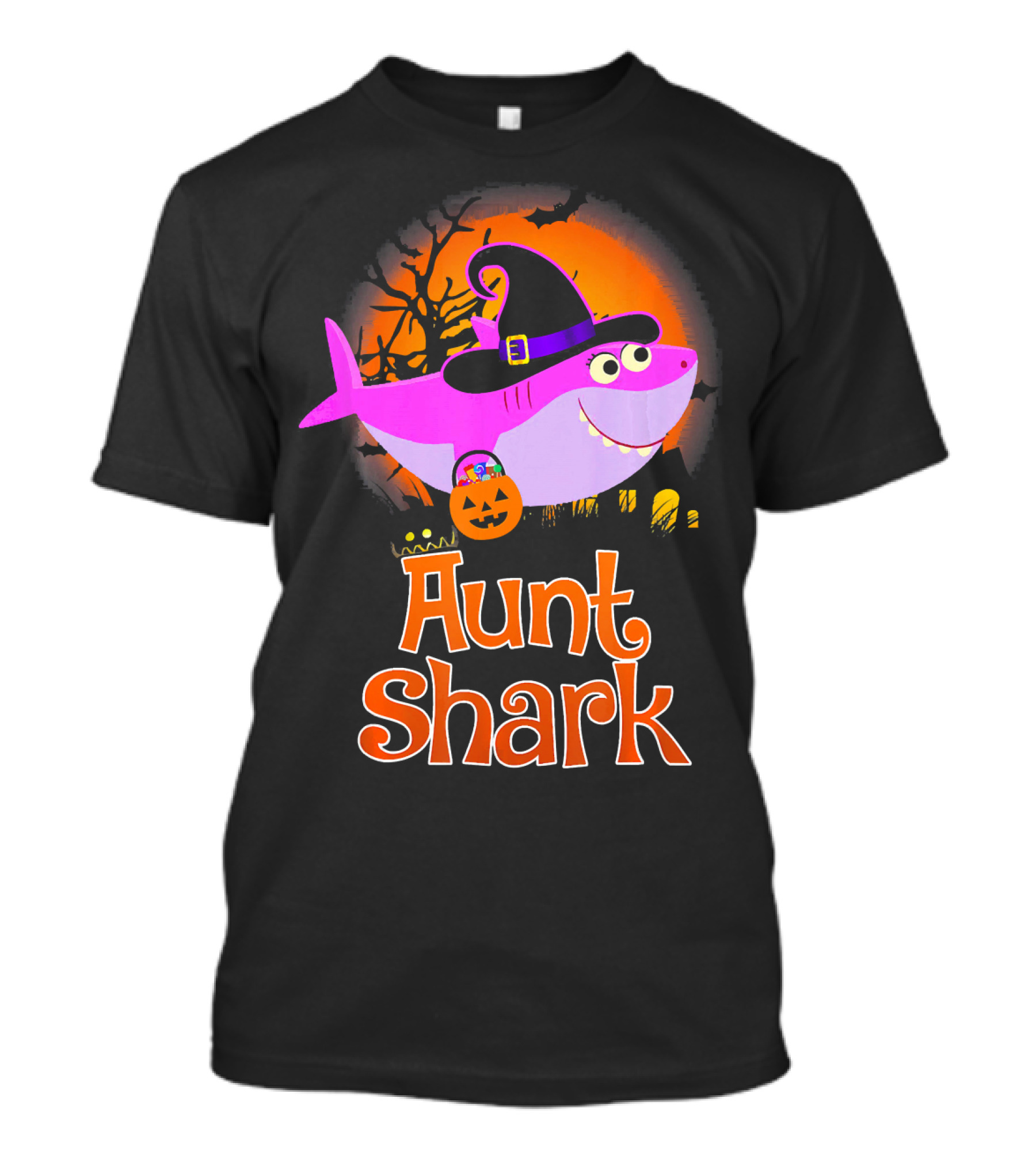 Aunt Shark Halloween Witch With Pumpkin On Orange Full Moon T-Shirt