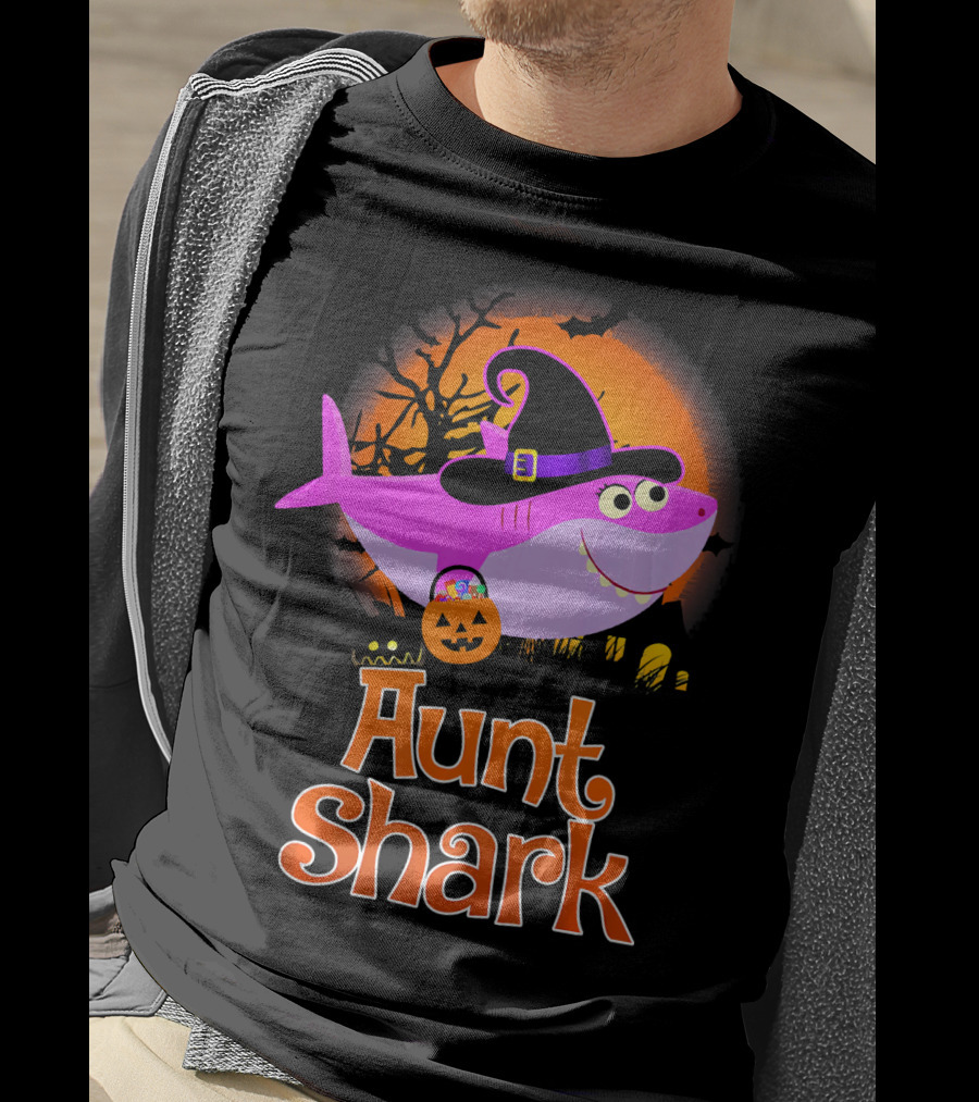 Aunt Shark Halloween Witch With Pumpkin On Orange Full Moon T-Shirt