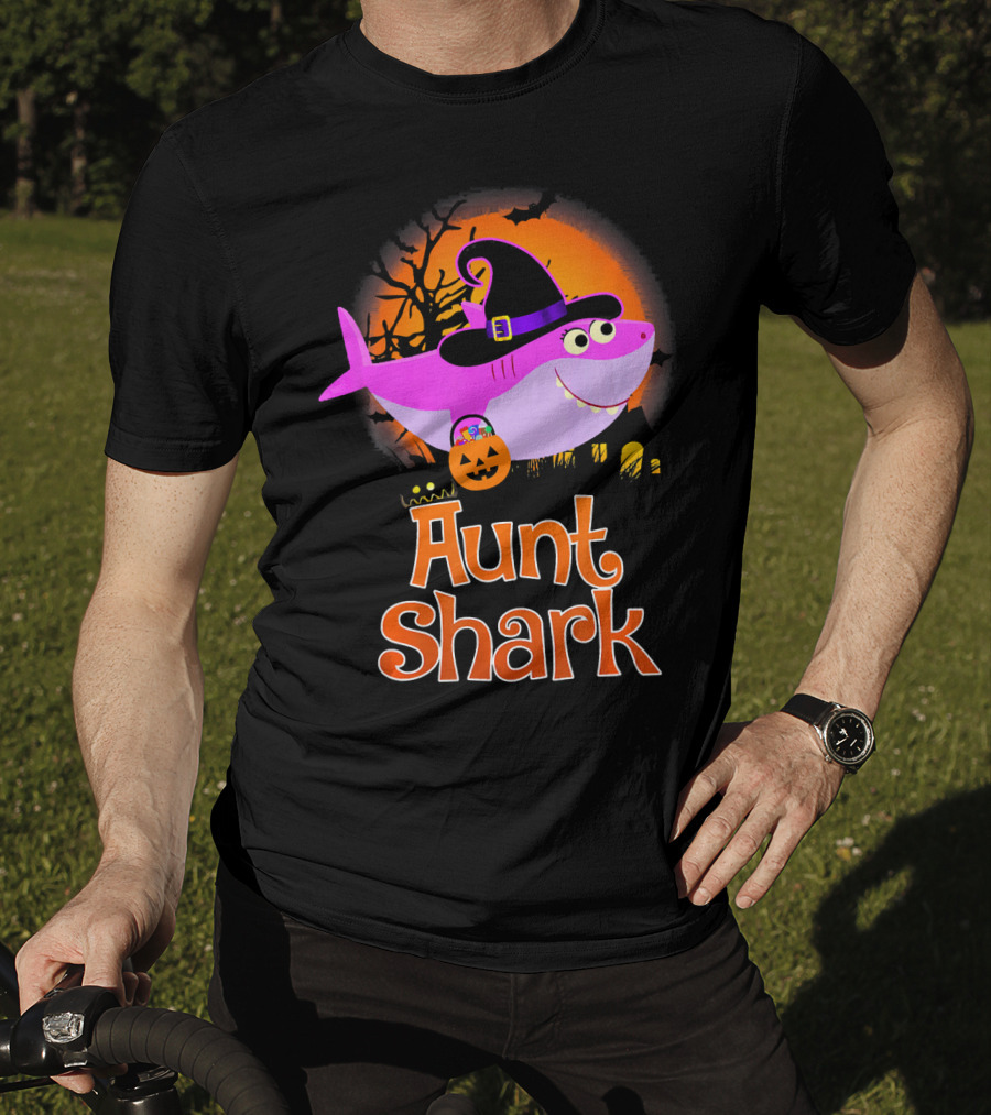 Aunt Shark Halloween Witch With Pumpkin On Orange Full Moon T-Shirt