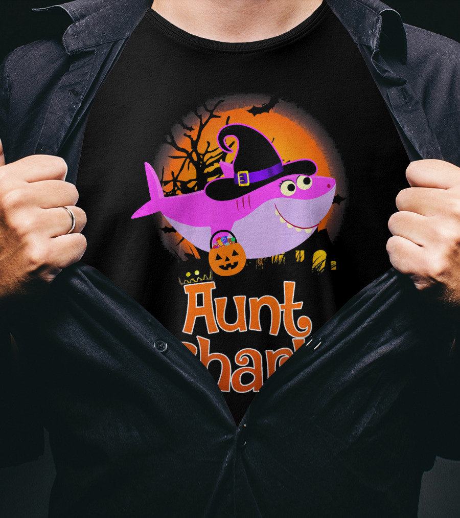 Aunt Shark Halloween Witch With Pumpkin On Orange Full Moon T-Shirt