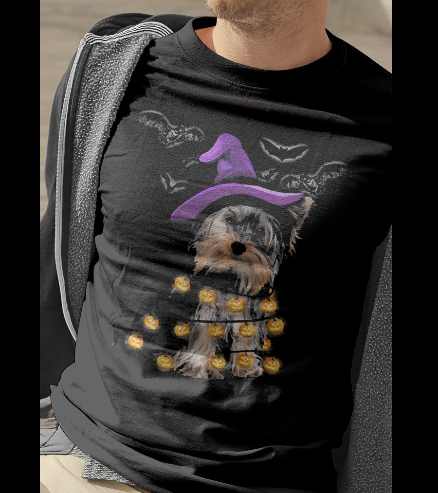 Yorkie In Witch Hat With Pumpkin Lights And Bats T-Shirt