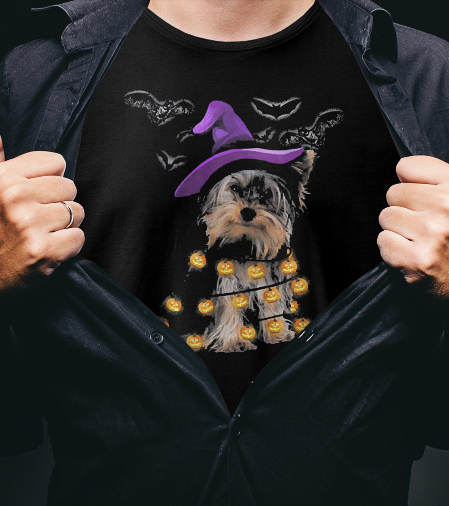 Yorkie In Witch Hat With Pumpkin Lights And Bats T-Shirt