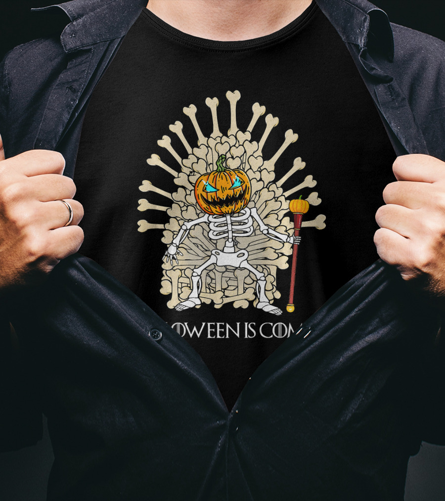 Halloween Is Coming Skeleton Pumpkin Throne T-Shirt