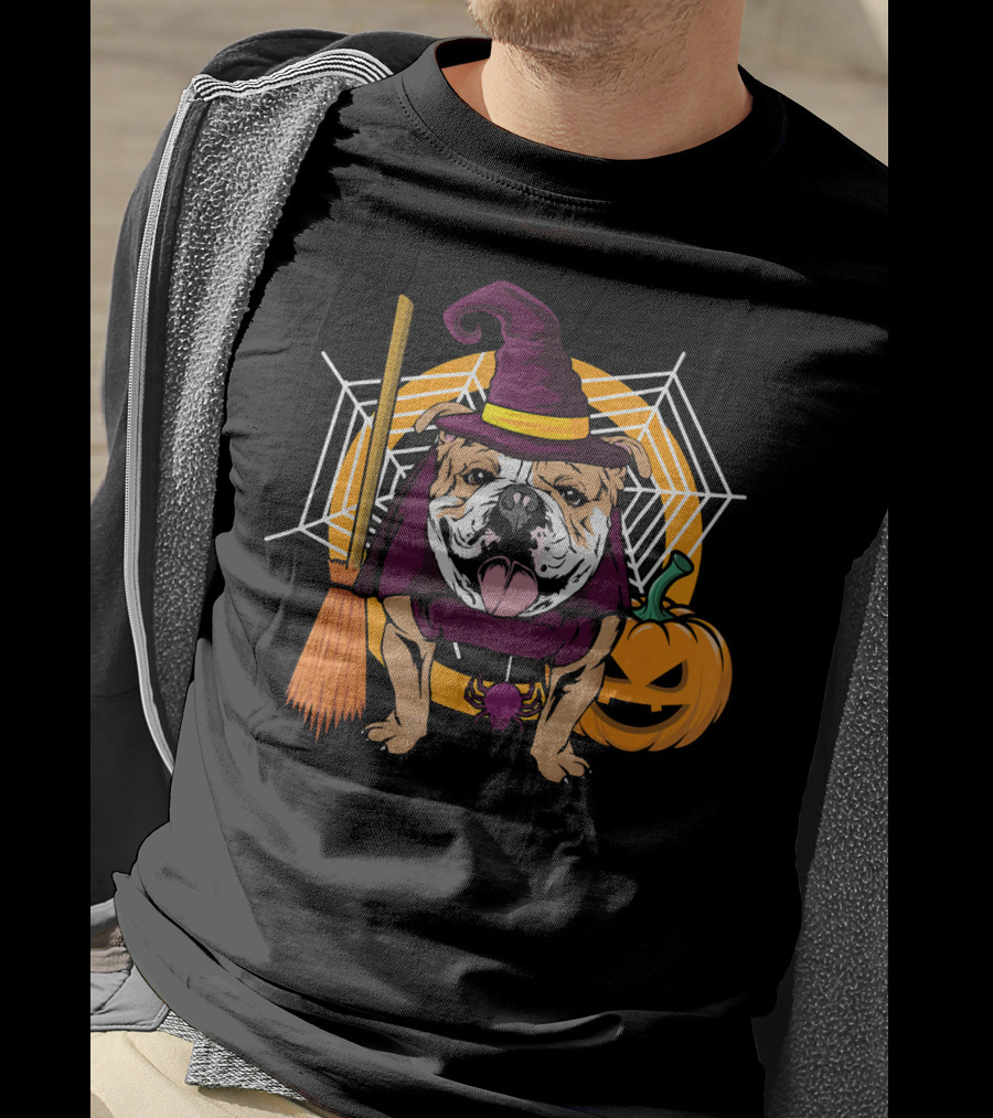 Witch Bulldog Halloween Pumpkin Broom Spiderweb T-Shirt