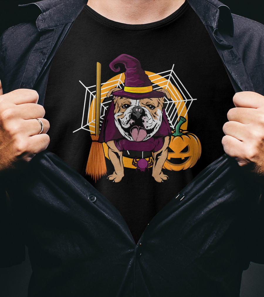 Witch Bulldog Halloween Pumpkin Broom Spiderweb T-Shirt