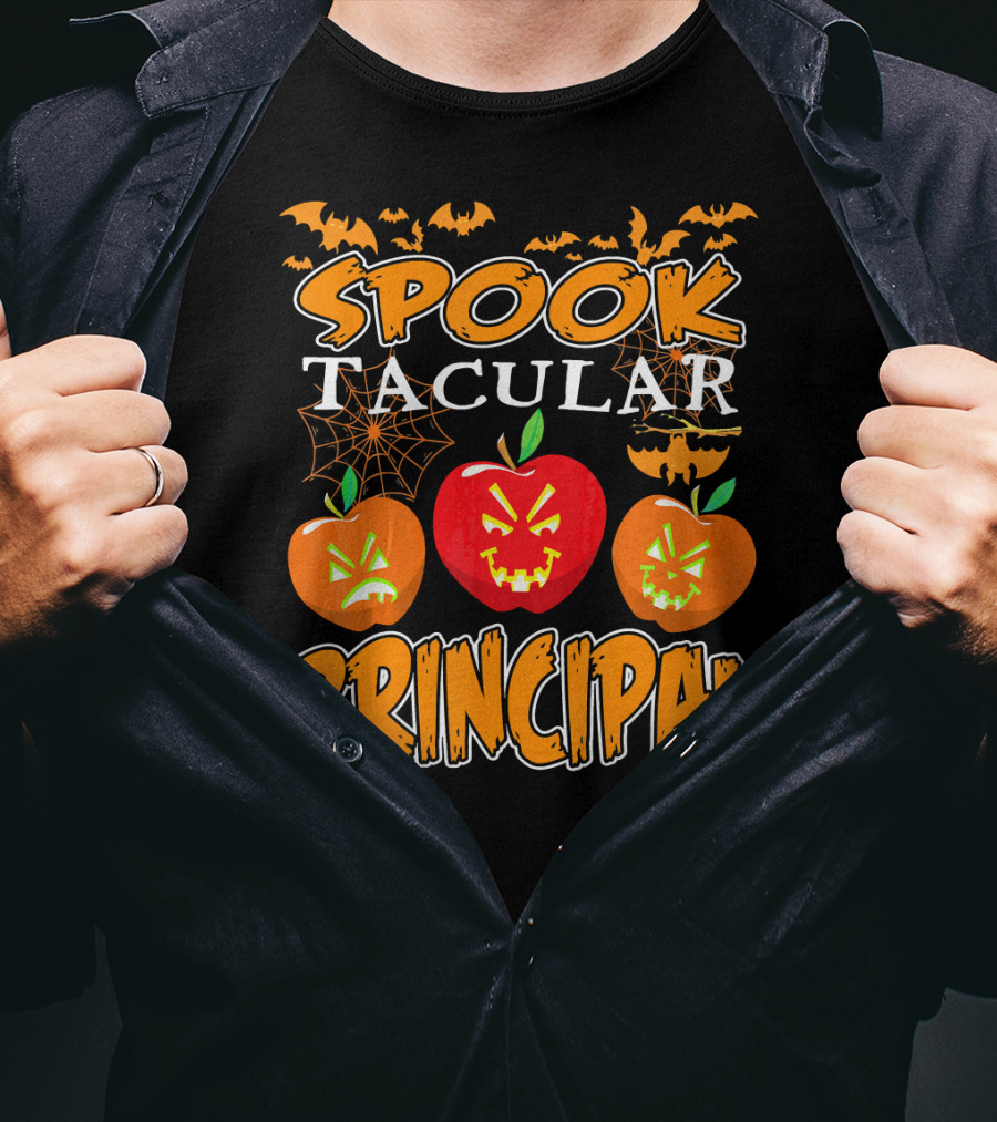 Spooktacular Principal Halloween Pumpkins And Bats T-Shirt