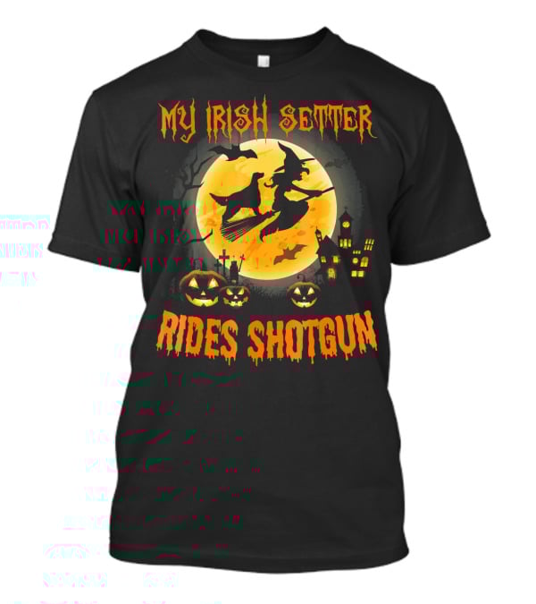 Halloween Witch Flying With My Irish Setter Rides Shotgun Moonlit Scene T-Shirt