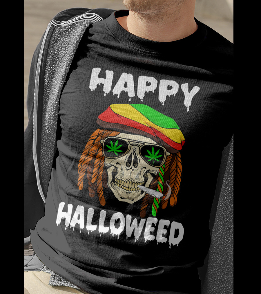 Happy Halloweed Smoking Rasta Skull With Cannabis Sunglasses T-Shirt
