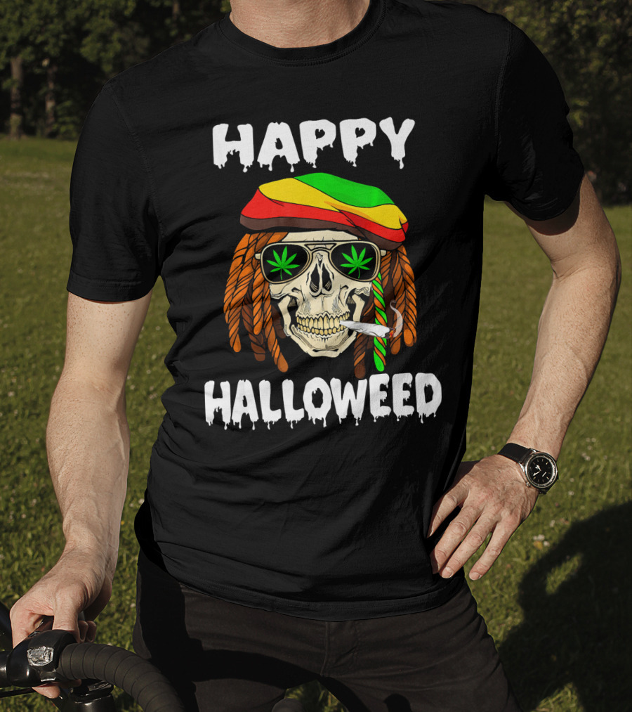 Happy Halloweed Smoking Rasta Skull With Cannabis Sunglasses T-Shirt