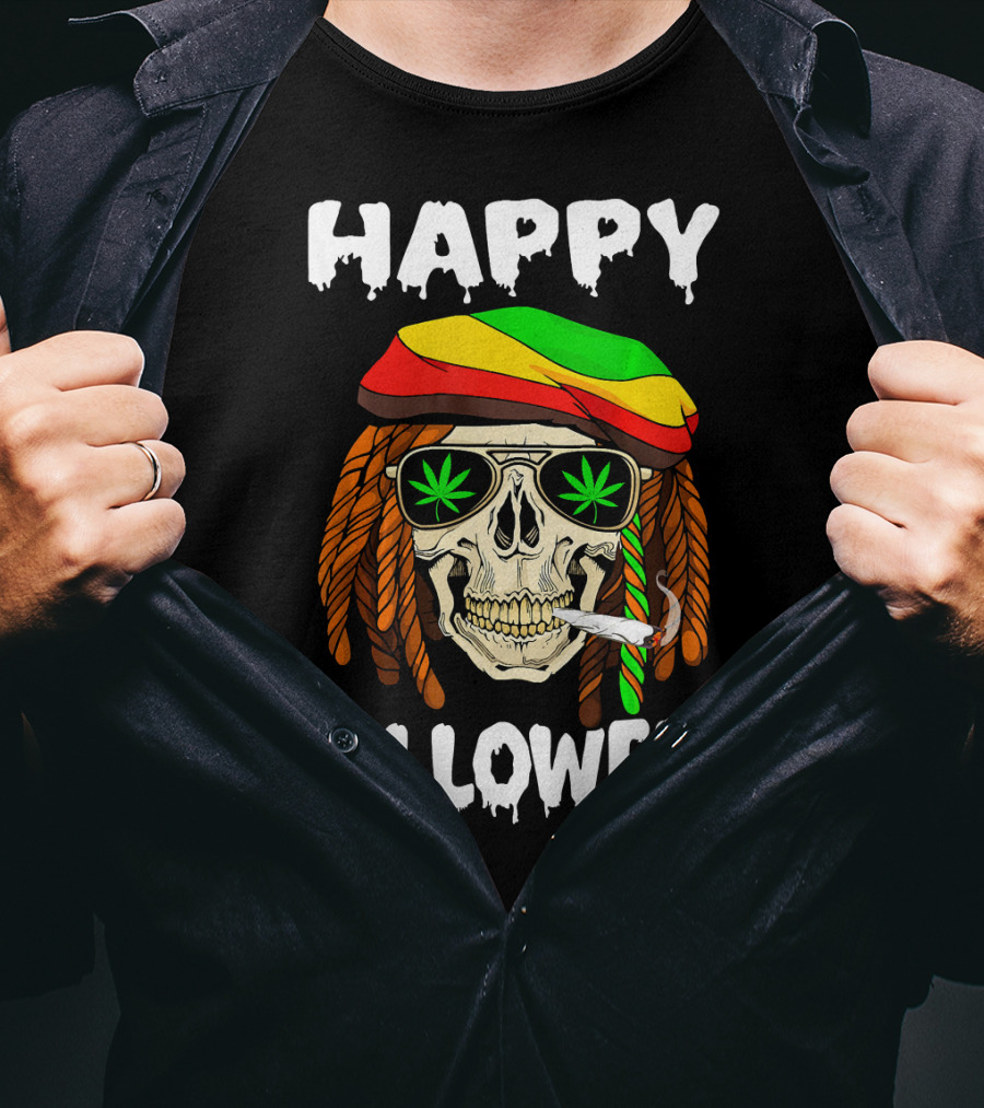 Happy Halloweed Smoking Rasta Skull With Cannabis Sunglasses T-Shirt
