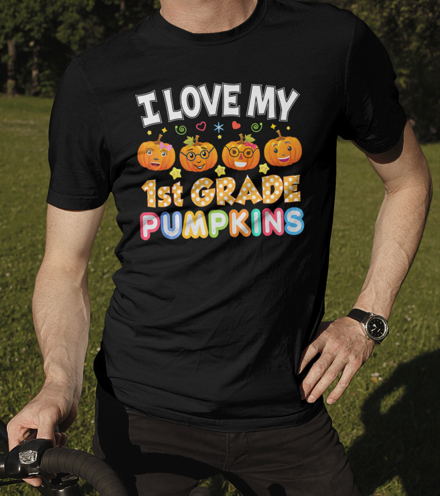 I Love My 1st Grade Pumpkins Halloween Emojis And Stars T-Shirt