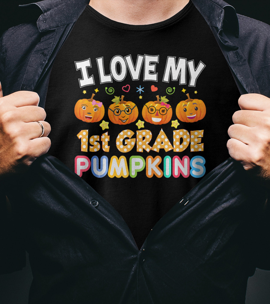 I Love My 1st Grade Pumpkins Halloween Emojis And Stars T-Shirt