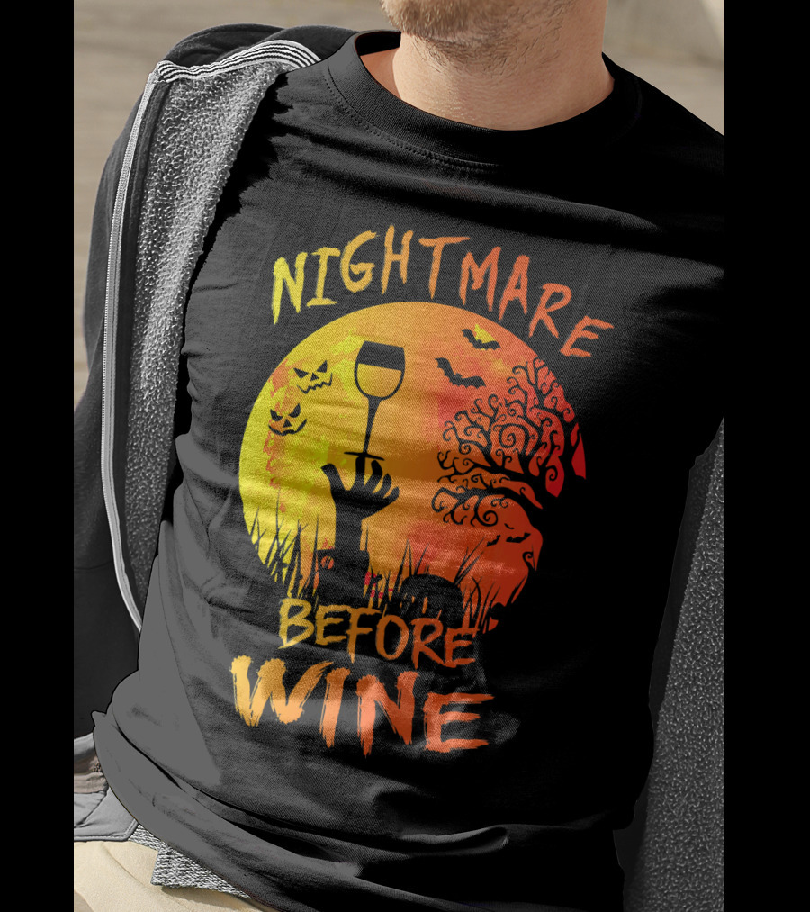 Nightmare Before Wine Halloween Scary Moon Scene T-Shirt