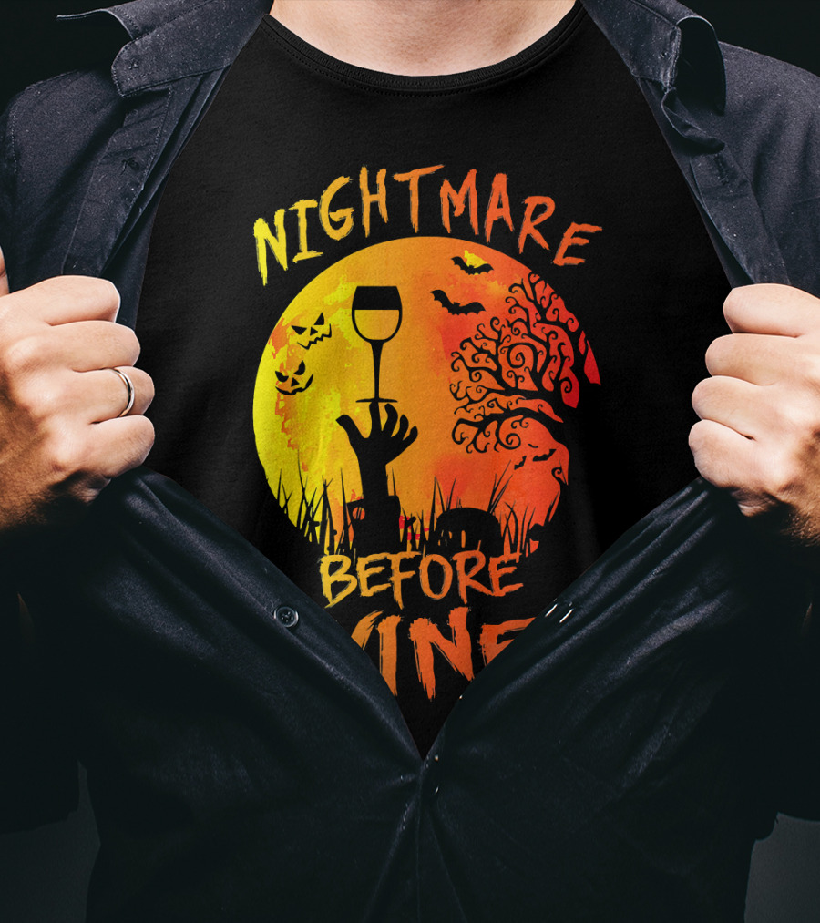 Nightmare Before Wine Halloween Scary Moon Scene T-Shirt