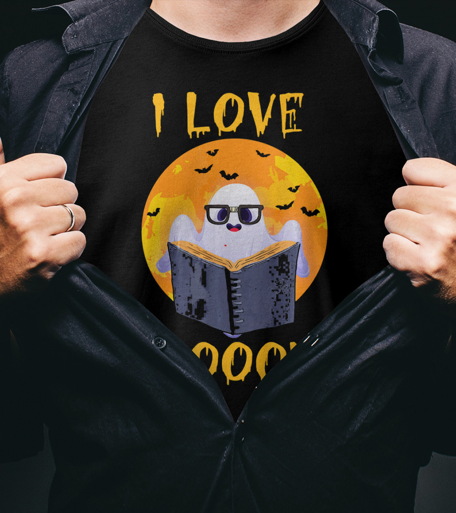 I Love Boooooks Halloween Ghost Reading With Bats T-Shirt