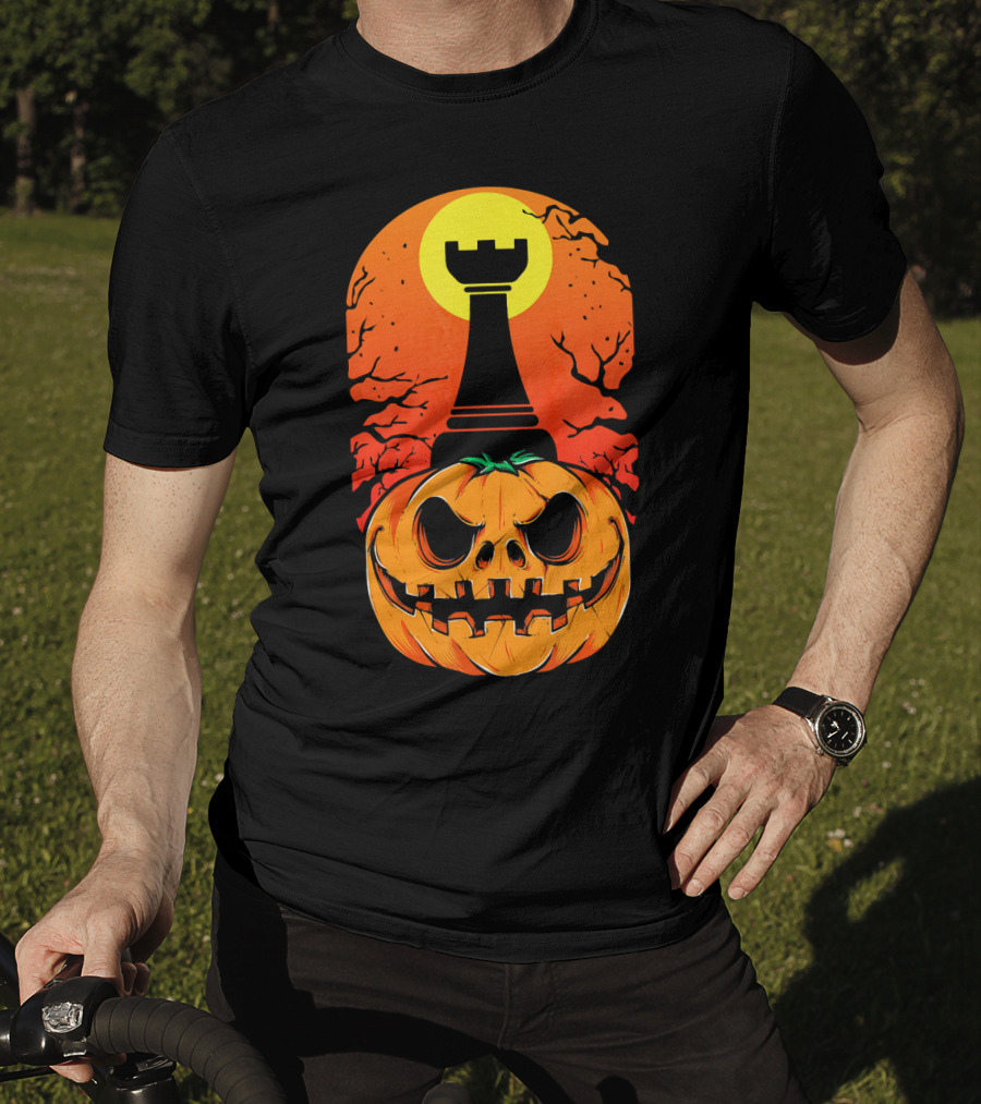 Spooky Rook Pumpkin Halloween Chess Tower Moon T-Shirt