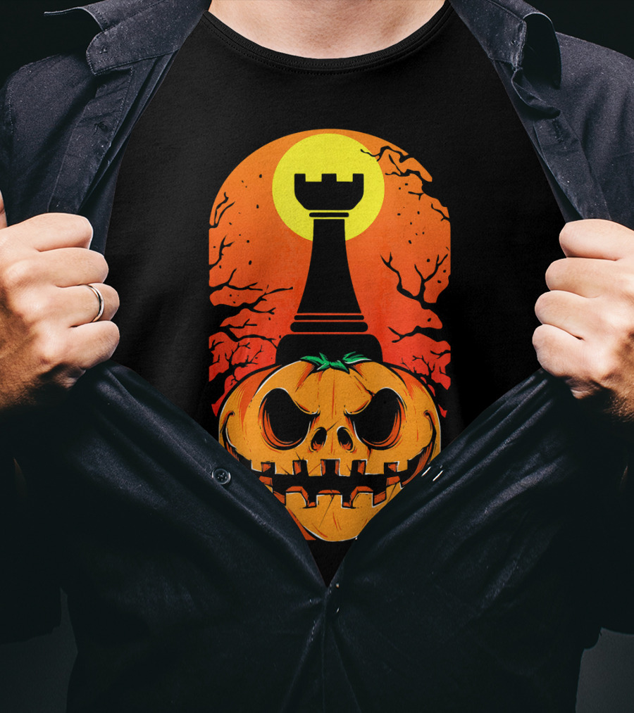 Spooky Rook Pumpkin Halloween Chess Tower Moon T-Shirt