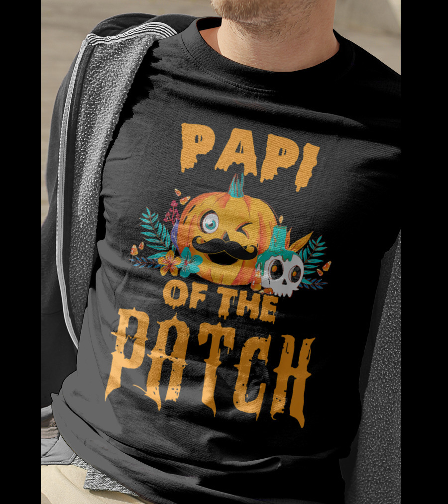 Papi Of The Patch Pumpkin Winking Mustache Skull Flowers T-Shirt