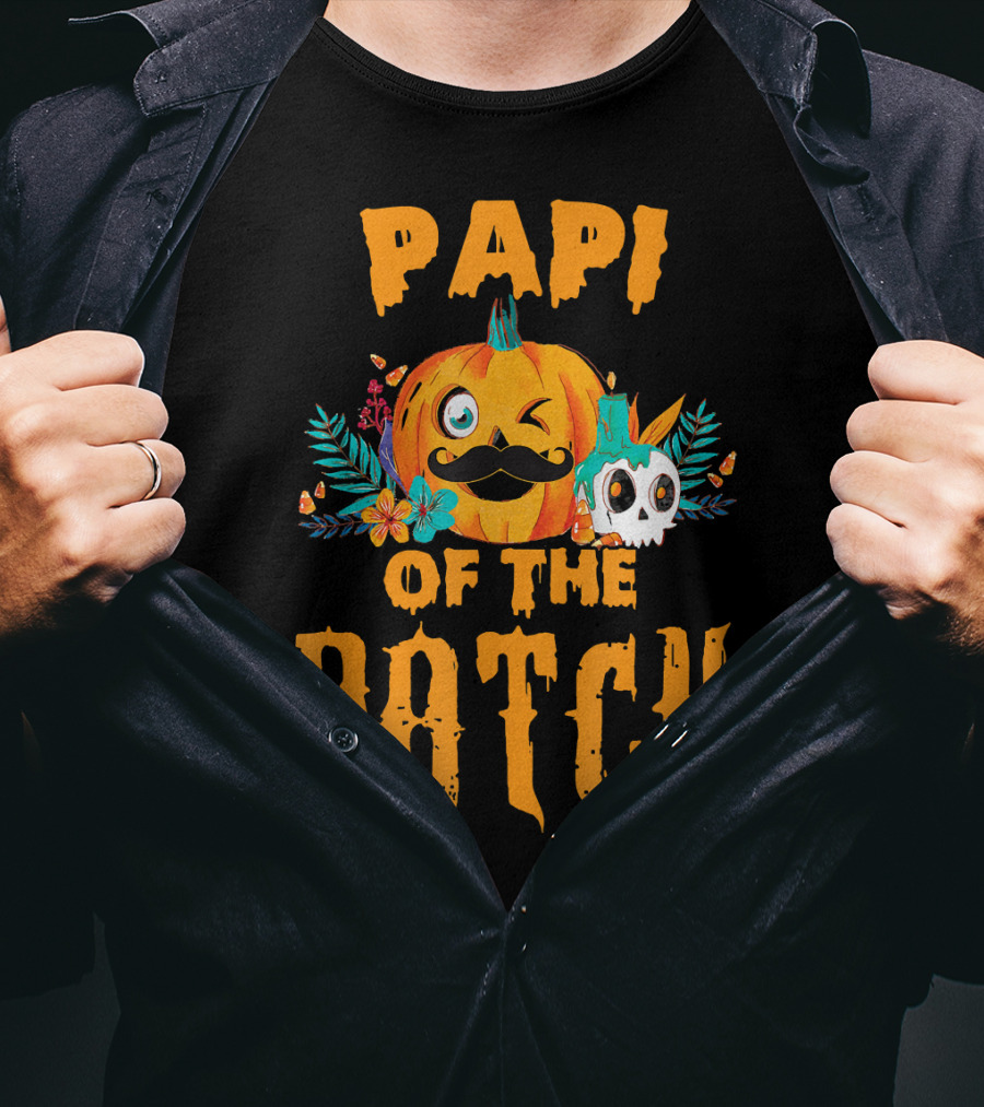Papi Of The Patch Pumpkin Winking Mustache Skull Flowers T-Shirt