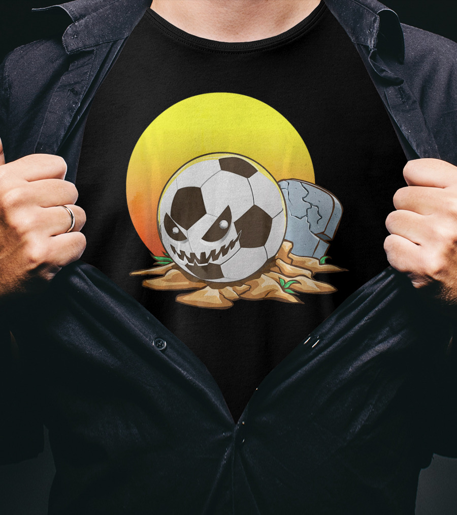 Soccer Halloween Goal With Spooky Jack-O'-Lantern Face And Graveyard Scene T-Shirt