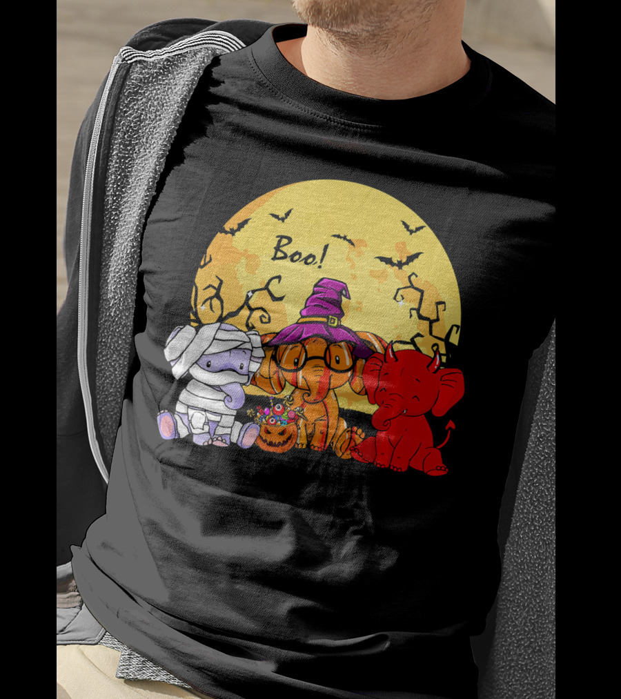 Boo Three Elephants Halloween Costume Party With Moon And Bats T-Shirt